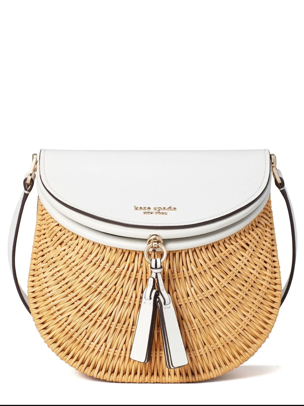 kate spade White & Natural Wicker Saddle Crossbody with Tassel